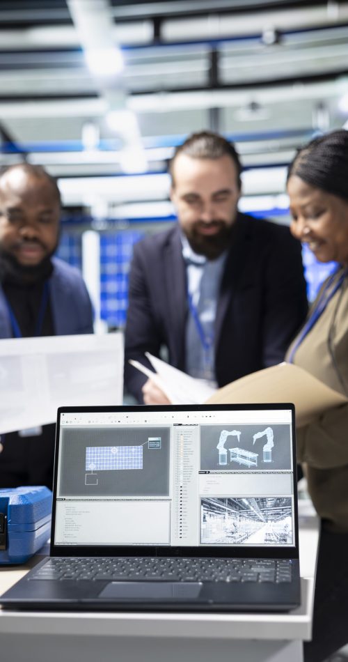 Engineers and building contractor monitoring solar panel systems as part of a collaborative inspection, ensuring green technology, sustainability and industrial standards in the production line.